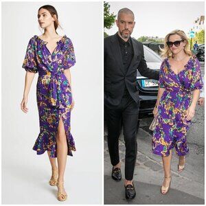 💕SALONI💕 Olivia Floral Printed Silk Midi Dress ~ Violet Sweetpeas US 4